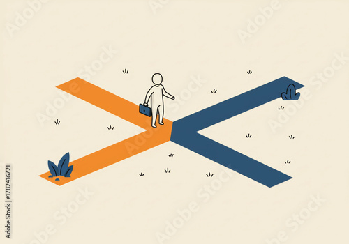 A person stands at a crossroads, facing two distinct paths representing different choices and potential futures, with small plants and scattered dots suggest...