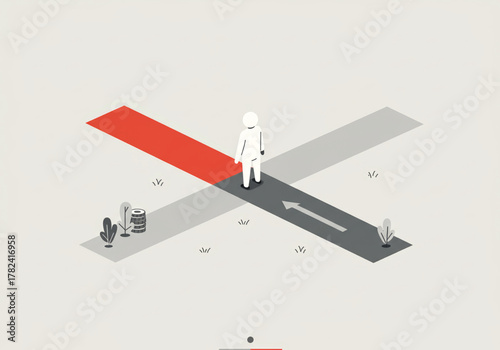 A minimalist illustration depicts a lone figure standing at a crossroads, facing a path with an arrow indicating direction, surrounded by sparse desert elements.