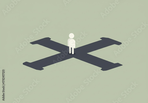 A minimalist human figure stands at a crossroads, facing multiple directions and choices.