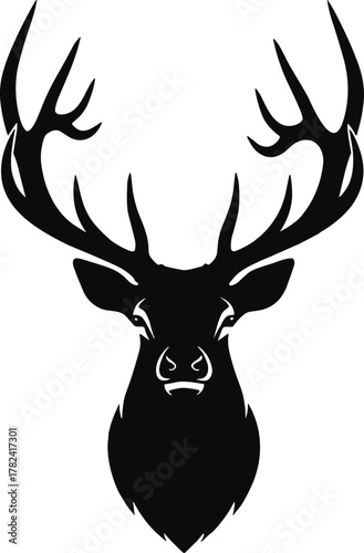 Deer head silhouette, antler design, wildlife emblem, black illustration, nature symbol, animal icon, forest creature, bold graphic, rustic art, elegant shape