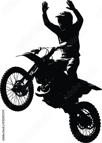 Dirt bike stunt, airborne rider, motocross trick, silhouette illustration, extreme sports, black background, dynamic motion, helmet safety, outdoor action, freestyle jump