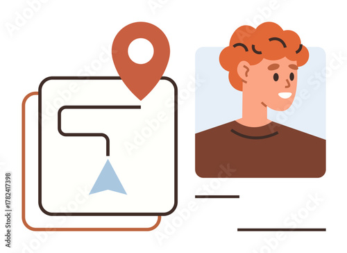 User portrait next to map with route and location pin. Ideal for navigation, travel, technology, user identification, personalization, maps, or profile systems. Simple flat metaphor