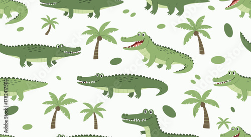 Vibrant seamless pattern showcases cheerful green crocodiles lounging playfully alongside swaying palm trees, creating an exotic and joyful tropical animal print.