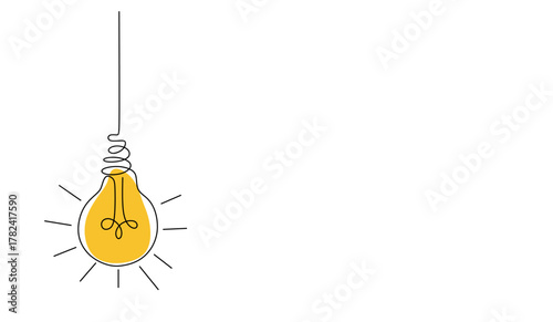 One continuous line drawing of hanging light bulbs with one shining. Concept of creative idea