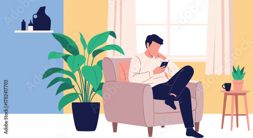 Relaxed man comfortably sits in a plush armchair, engrossed in his smartphone, surrounded by lush houseplants in a modern, cozy living room setting.