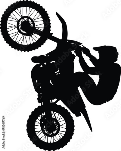 Dirt bike stunt, silhouette rider, airborne trick, motocross jump, helmet safety, vertical wheelie, extreme sports, black background, action moment