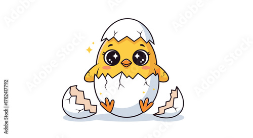 Happy baby chick, with wide, sparkling eyes, triumphantly emerges from its cracked eggshell, conveying pure joy and the wonder of new life.