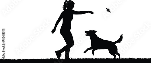 Dog playing, person throwing, silhouette illustration, outdoor activity, black background, joyful moment, pet interaction, grassy field, ball catching, companionship scene