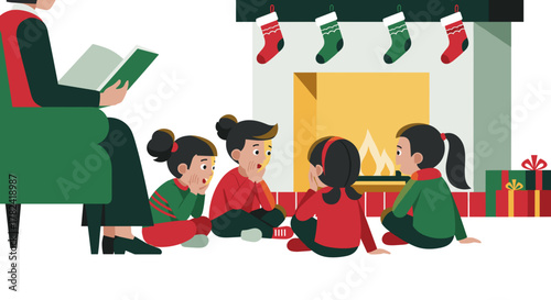 Family gathering around fireplace for storytelling during Christmas  