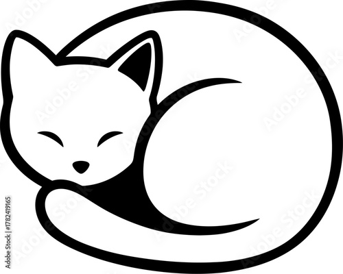 A minimalist illustration shows a white cat curled up asleep with its eyes closed and a thick black outline, creating a peaceful and tranquil atmosphere suitable for various design projects.