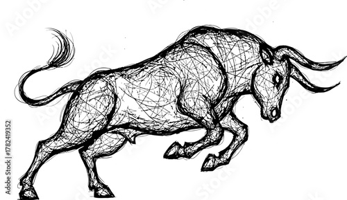 Powerful bull, rendered in a black sketch style, is charging forward with aggressive energy, making it ideal for themes of strength, finance, or zodiac imagery.