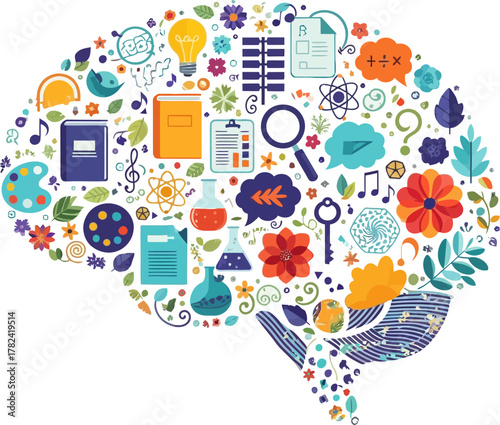 Whimsical brain shape filled with education icons like books, beakers, flowers, and lightbulbs, creating a colorful learning concept design ideal for educational materials and creative projects.