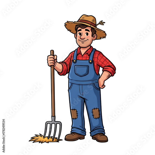 Charming cartoon farmer ready for harvest, wearing overalls and straw hat, cheerful farm life, agriculture concept, idyllic rural scene, vintage farming illustration