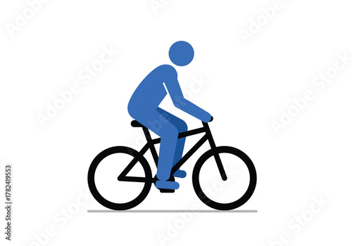 A blue stick figure riding a black bicycle against a plain white background.