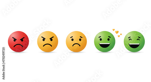 A row of colorful emoji faces expressing different levels of emotion, ranging from anger to happiness.