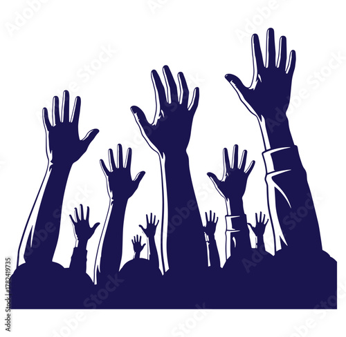 Upward reaching hands silhouette illustration representing voting election agreement or participation