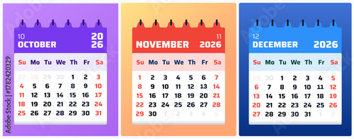 December 2026 Calendar. December November October 2026 Monthly Organizer, Classic December 2026 Schedule Page. Vector graphic