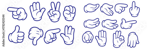 Cartoon Hands Vector Illustration Set: Expressive White Glove Gestures, Pointing, Waving, Victory Sign, and Cupped Hand Collection for Diverse Design Projects