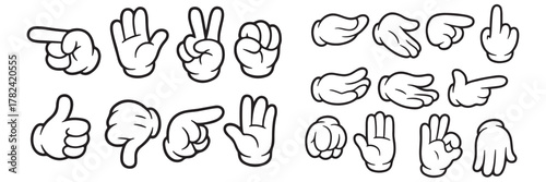 Cartoon Hands Vector Illustration Set: Expressive White Glove Gestures, Pointing, Waving, Victory Sign, and Cupped Hand Collection for Diverse Design Projects