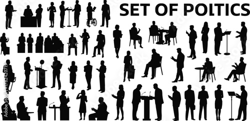 Political silhouettes, business people, public speaking, debate, handshake, podium, meeting, governance, teamwork, communication, leadership, democracy, parliament, negotiation, conference, 