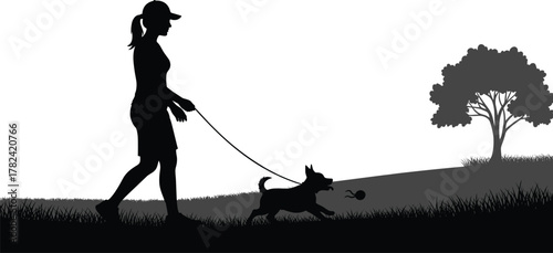Man walking dog, silhouette illustration, black vector, outdoor activity, grassy ground, pet interaction, peaceful moment, nature lifestyle, leash control, companionship