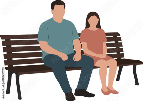 Man and girl are sitting on a brown park bench in a flat vector style, creating a calm and peaceful mood, ideal for family-oriented or lifestyle-themed designs.