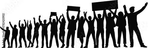 Silhouette crowd protest demonstration, people raising hands unity, activists holding placards rally, social movement gathering, political activism march, community voices demanding change, 
