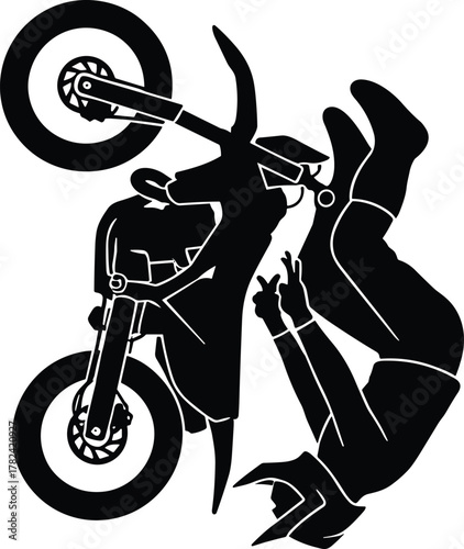 Motorcycle crash silhouette, rider falling, helmet safety, stunt accident, black vector, dangerous ride, extreme sport, high impact, risky maneuver