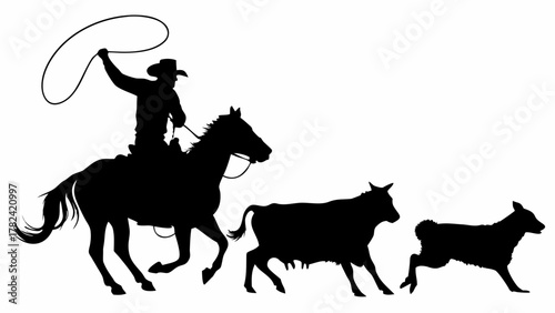 Dynamic cowboy silhouette riding horse, herding cow and sheep with lasso, capturing wild west spirit, ideal for ranch lifestyle, rodeo, western themes and adventure