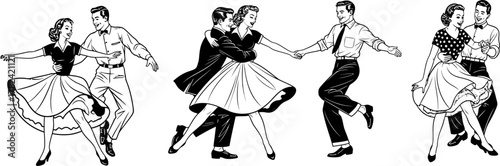 Three couples in monochrome illustration are dancing in a retro style, portraying a fun, energetic atmosphere perfect for vintage themes and social events.