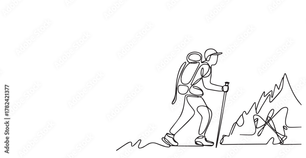 Fototapeta premium Silhouette of a hiker with a backpack climbing a rocky peak against a white background view outdoors