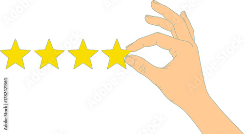 Hand is arranging four vivid yellow stars in a row on a clean white background, representing rating or review concepts, perfect for business, service, and feedback related marketing.