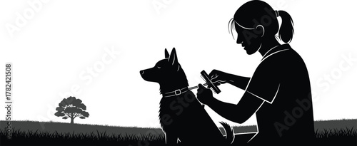 Person grooming dog, silhouette illustration, black vector, outdoor activity, grassy field, pet care, peaceful moment, nature scene, bonding time, companionship