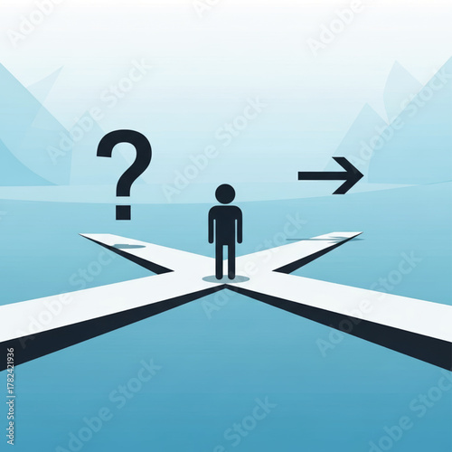 A small figure stands at a crossroads, facing a question and an arrow.