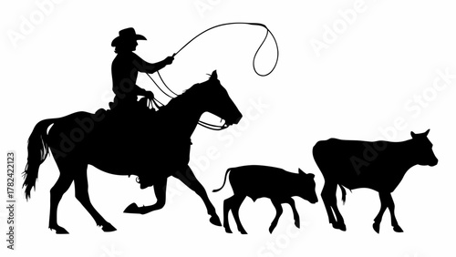 Cowboy rounding up cattle on the open range, silhouette of a horseman with lasso in action, American West icon, ranching heritage and country lifestyle