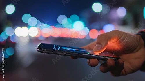 Nighttime city life and technology: Person using mobile phone on urban street at night