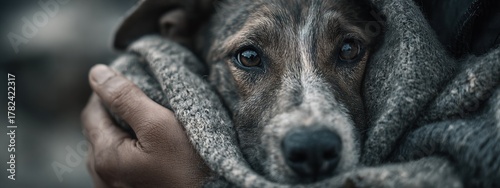 Dog wrapped in a blanket being held closely by a person in a caring gesture during a chilly day