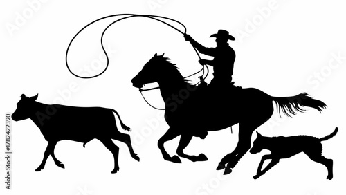 Silhouette of a cowboy riding a horse chasing a calf with his dog, ready to rope it, capturing the spirit of the Wild West and western heritage