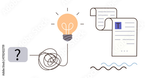 Path from question mark through tangled line to bright light bulb and completed documents. Ideal for problem-solving, brainstorming, innovation, creativity, solutions, workflow, clarity. Simple flat
