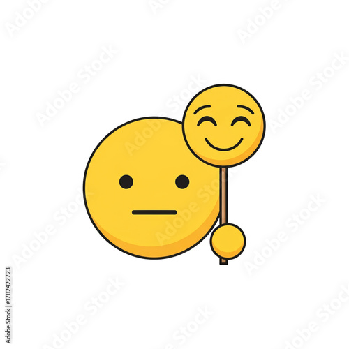 A neutral yellow emoji face with a straight mouth, next to a happy face on a stick, symbolizing masking emotions.