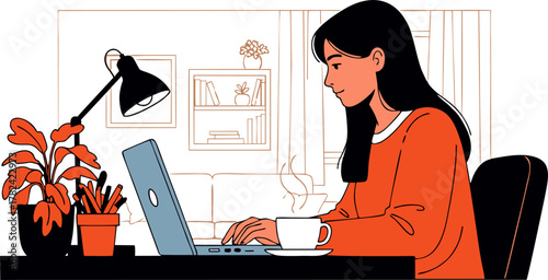 Woman Working on Laptop at Home – Remote Work and Online Productivity