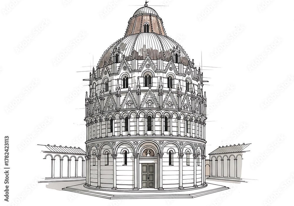 Fototapeta premium Baptistery of Pisa - Architectural Drawing of the Historic Building.
