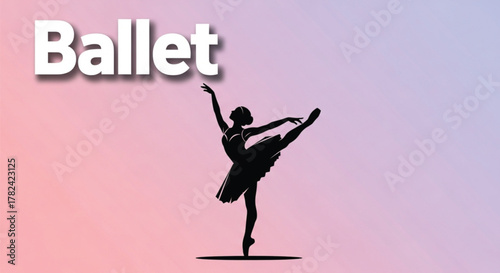 Ballerina Silhouette Vector Illustration in Arabesque Pose with Tutu. Elegant Dance Figure Against Soft Pink and Blue Gradient Background. Classic Ballet Performance Graphic.