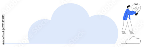 Person in blue holding lightbulb beside large cloud, representing creativity, cloud technology, and innovation. Ideal for tech, innovation, creativity, problem solving, teamwork digital