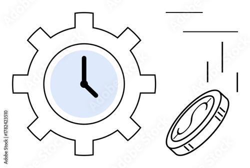 Clock inside gear symbolizing time management and productivity beside a falling coin emphasizing value, efficiency, and investment. Ideal for business, economy, time-saving, scheduling, financial