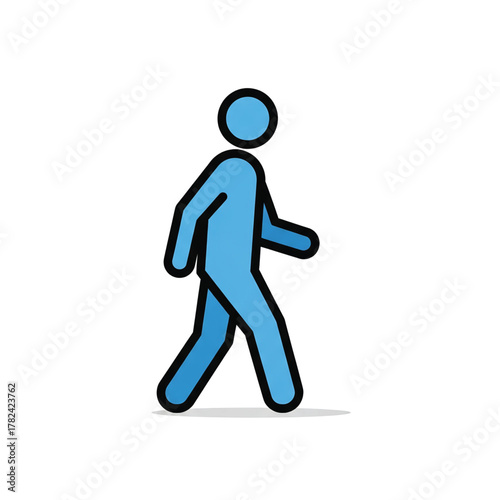A simple blue stick figure person in profile, depicted in a walking motion against a clean white background, representing movement and human activity.