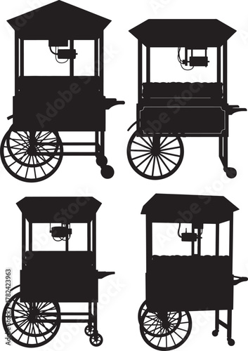 Four silhouette popcorn carts isolated on transparent background