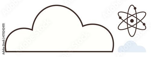 Minimal cloud outline paired with an atom model, linking cloud computing and scientific innovation. Ideal for technology, research, data, networking, innovation, education, simple flat metaphor
