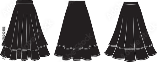 Three black tiered ruffled skirts in silhouette isolated on transparent background