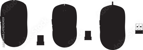Three black oval shapes with small rectangular attachments and a small crosshair symbol silhouette isolated on transparent background